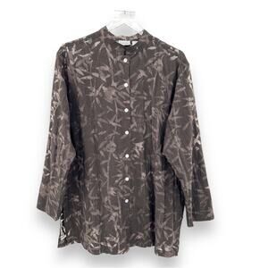 Chico’s brown bamboo leaf print burnout lightweight button down tunic top large